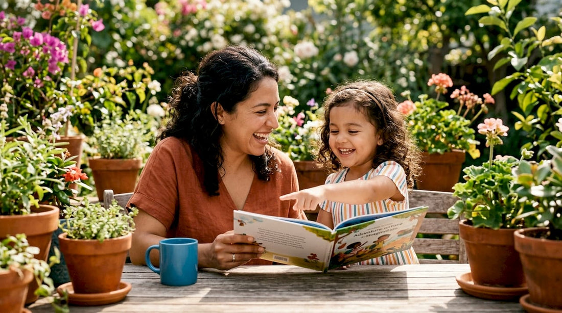 Mother and daughter reading personalized storybook