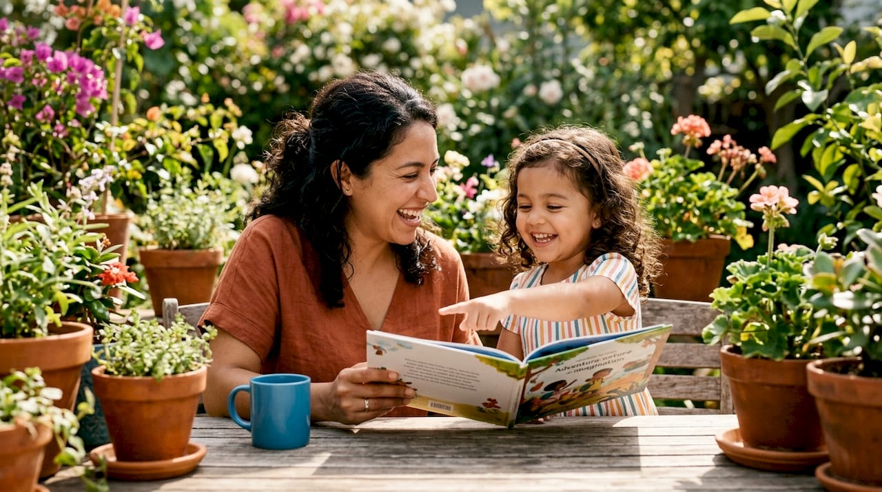 Mother and daughter reading personalized storybook