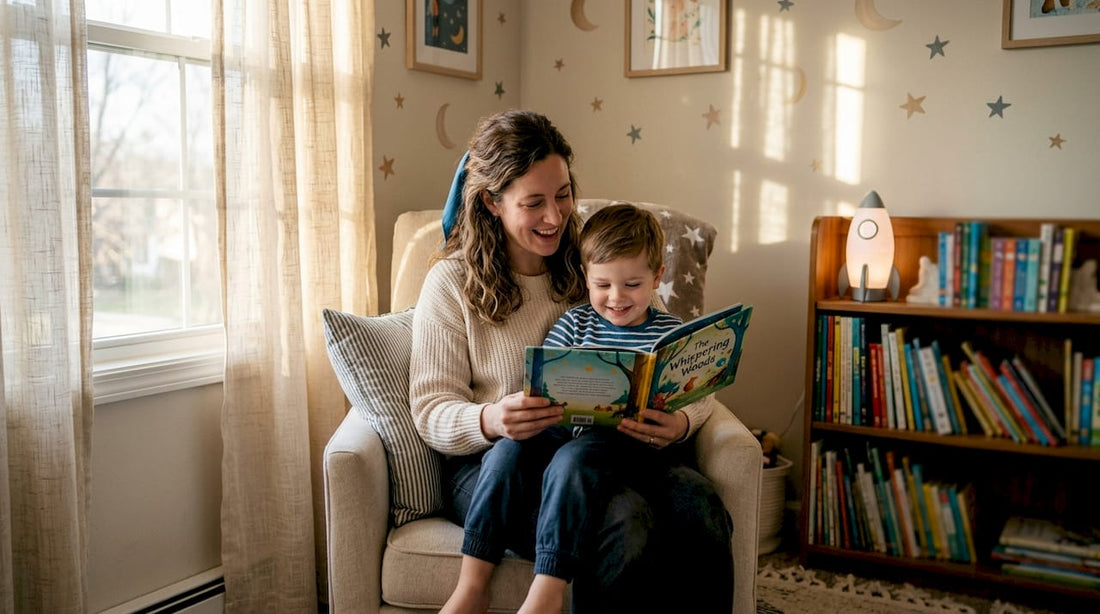 Mother reading bedtime story to young daughter