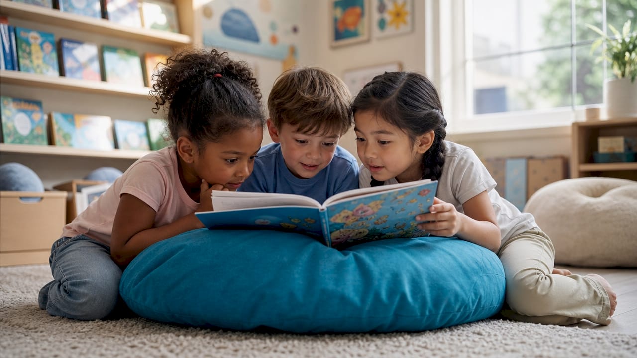 Children reading storybook together