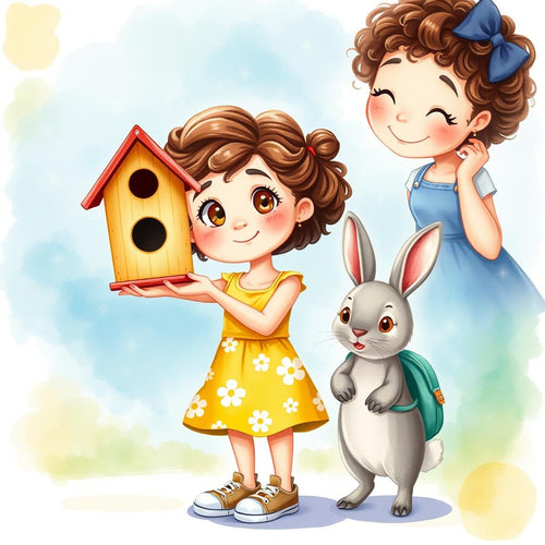 Personalized children's book illustration — girl with bunny friend and birdhouse, watercolor style