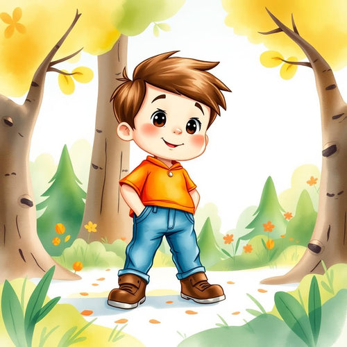 Personalized children's book cover — young boy exploring a sunlit forest, watercolor style