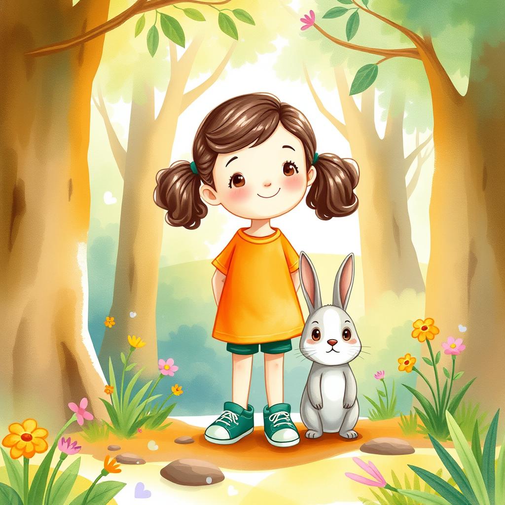 Personalized children's book illustration — girl with pet bunny in a sunlit forest
