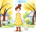 Personalized bedtime book illustration — child walking peacefully through a calm neighborhood at dusk
